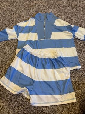 Blue and White Striped Set - Quarter Zip long sleeve & Shorts